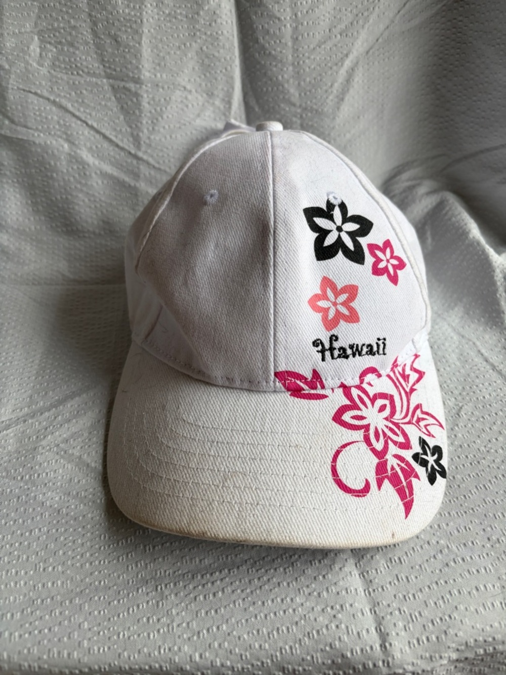 White Kids Baseball Cap with Pink & Black Floral Design